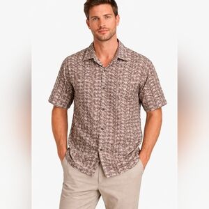 Jim Thompson 100% Silk Brown Cream Ikat Print Short Sleeve Button Front Shirt, L